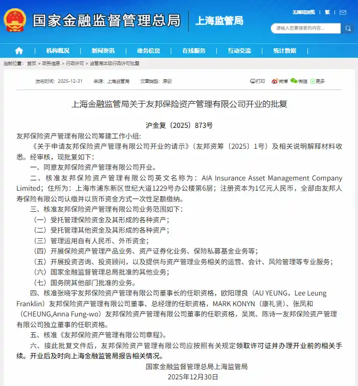 外资保险资管巨头落地上海，友邦荷全率先启航